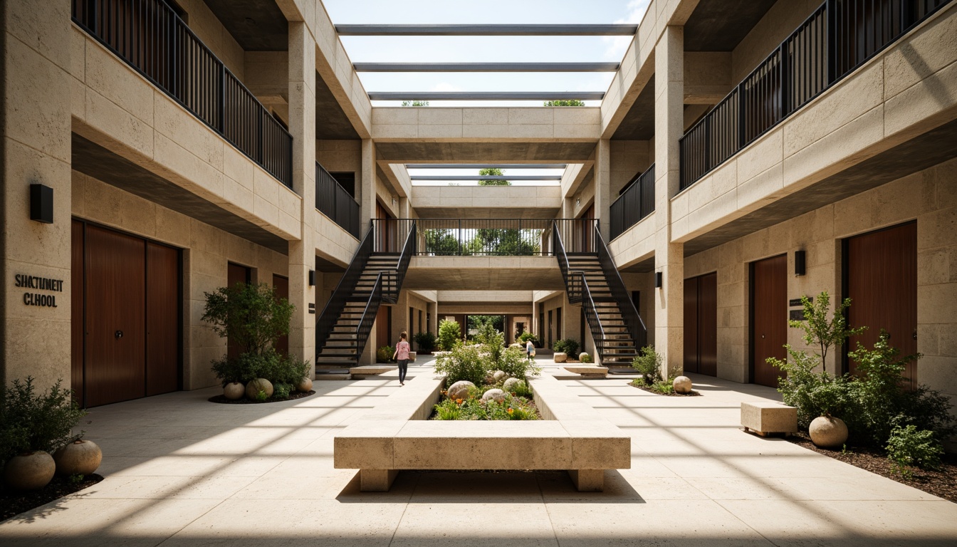 Prompt: Rugged middle school courtyard, brutalist architecture, raw concrete walls, exposed ductwork, industrial metal beams, minimalist landscaping, sparse greenery, weathered wooden benches, steel staircases, functional corridors, natural light pouring through clerestory windows, warm beige color scheme, textured roughcast surfaces, geometric patterned flooring, modern educational signage, abstract sculptures, dramatic shadows, high-contrast lighting, 2/3 composition, cinematic angle, realistic textures, ambient occlusion.