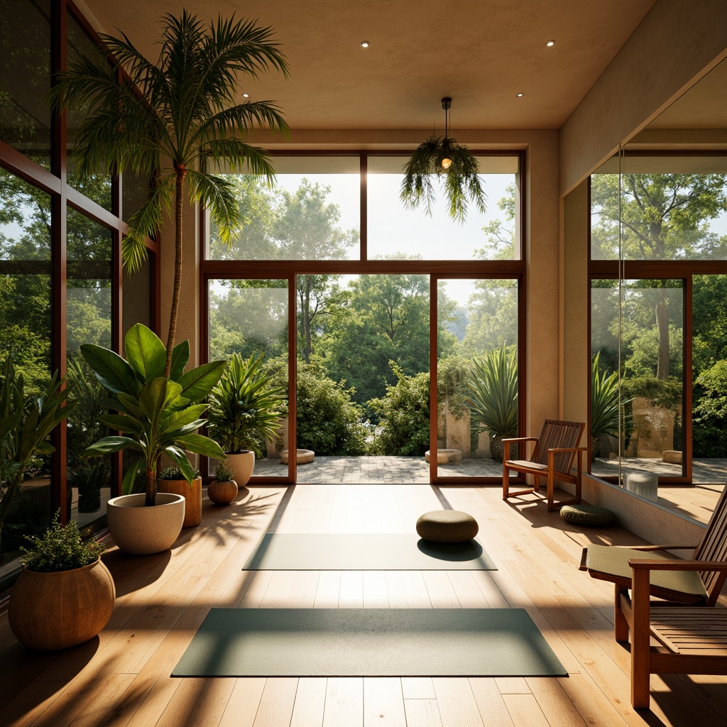 Prompt: Tropical home gym, bright natural light, floor-to-ceiling windows, sliding glass doors, lush greenery, exotic plants, warm beige walls, polished wood flooring, minimalist equipment, free weights, yoga mats, mirrored walls, soft warm lighting, 1/2 composition, relaxed atmosphere, ambient shadows, subtle color grading.