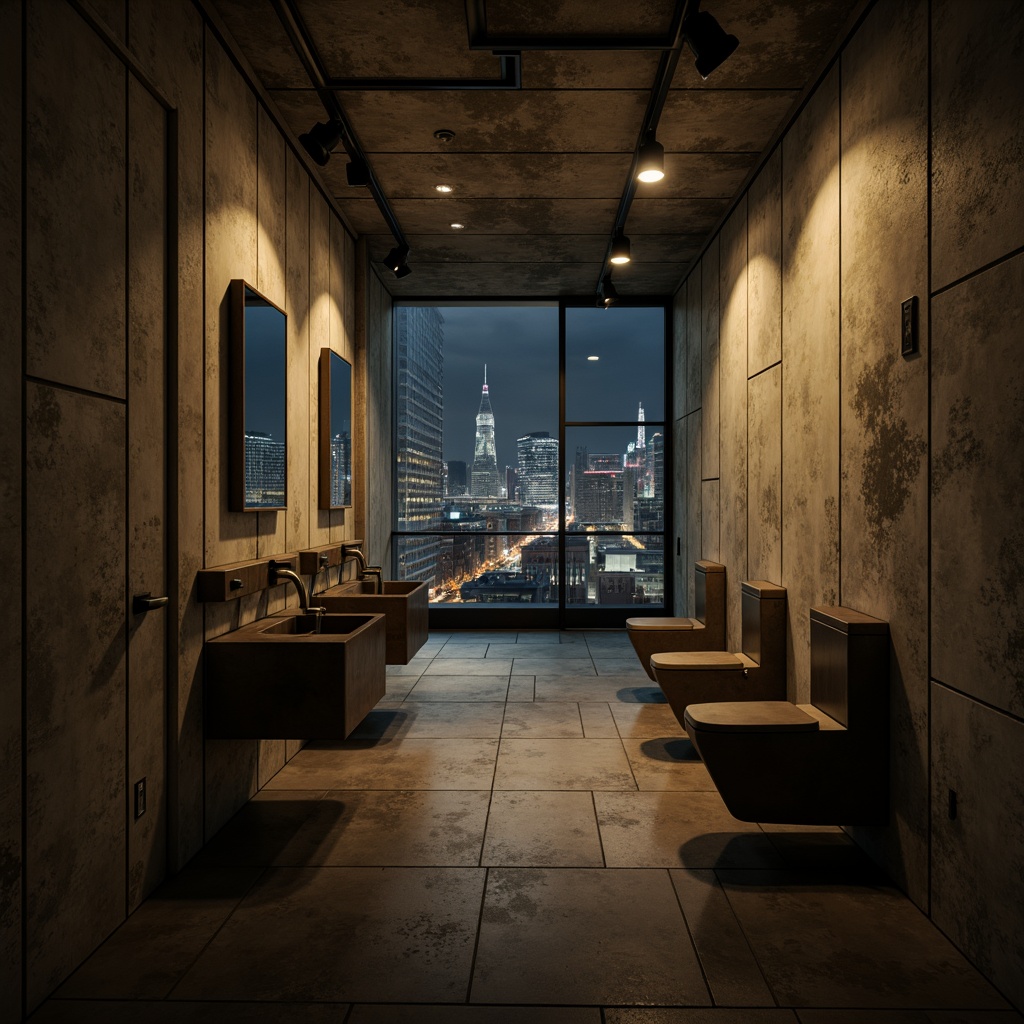 Prompt: Rugged powder room, brutalist architecture, raw concrete walls, industrial metal fixtures, minimalist decor, exposed pipes, dimmed overhead lighting, warm ambient glow, subtle shadows, dramatic spotlights, high-contrast illumination, atmospheric fog, urban cityscape, nighttime atmosphere, cinematic mood, shallow depth of field, 1/2 composition, realistic textures, ambient occlusion.