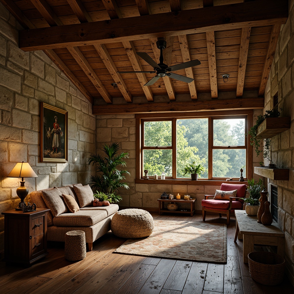 Prompt: Earthy cabin, wooden accents, natural stone walls, vintage furniture, distressed textures, warm beige tones, earthy red hues, mossy greenery, weathered wood, rusty metal decor, lantern lighting, soft candlelight, atmospheric mist, 3/4 composition, shallow depth of field, realistic worn edges.