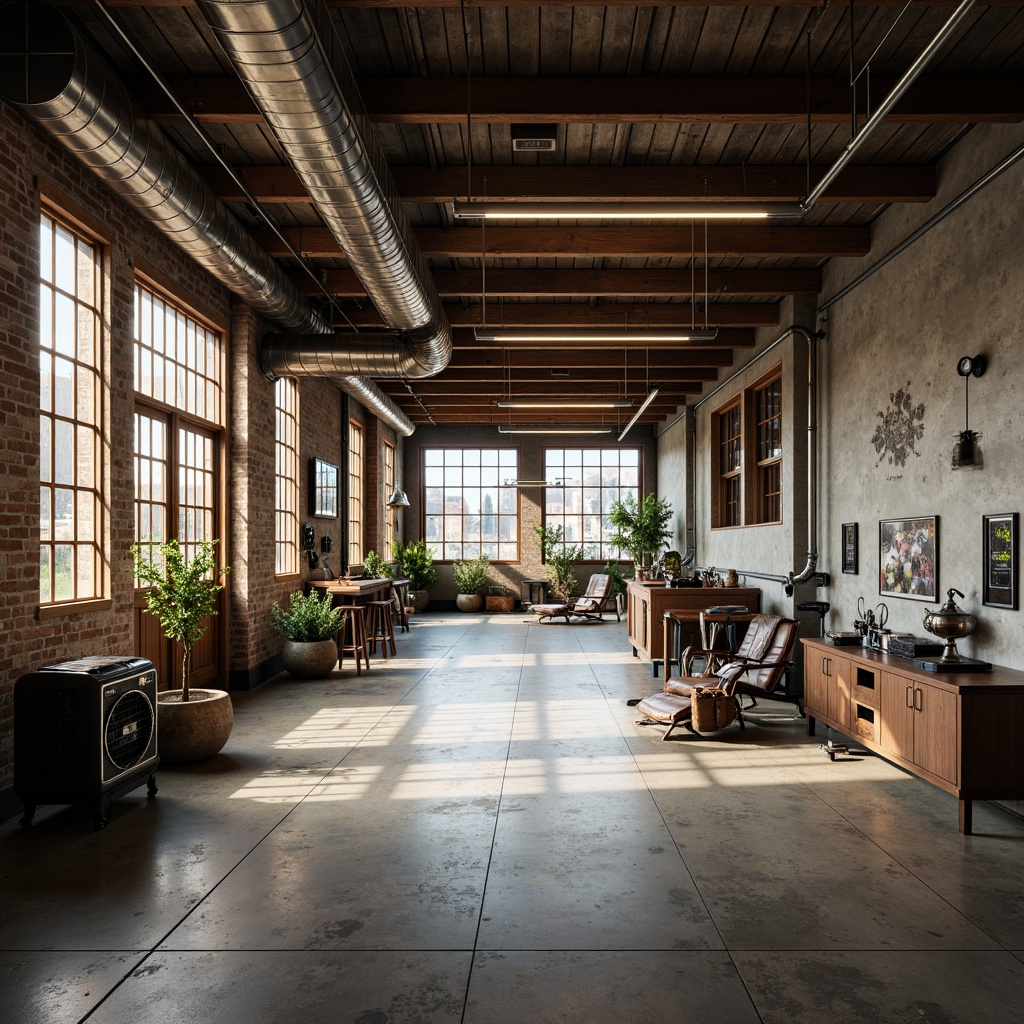 Prompt: Exposed ductwork, industrial-style lighting, reclaimed wood accents, metal beams, urban loft atmosphere, distressed finishes, functional decor, vintage machinery parts, concrete floors, metallic tones, minimalist aesthetic, open-plan layout, natural light pouring in, shallow depth of field, 1/1 composition, realistic textures, ambient occlusion.