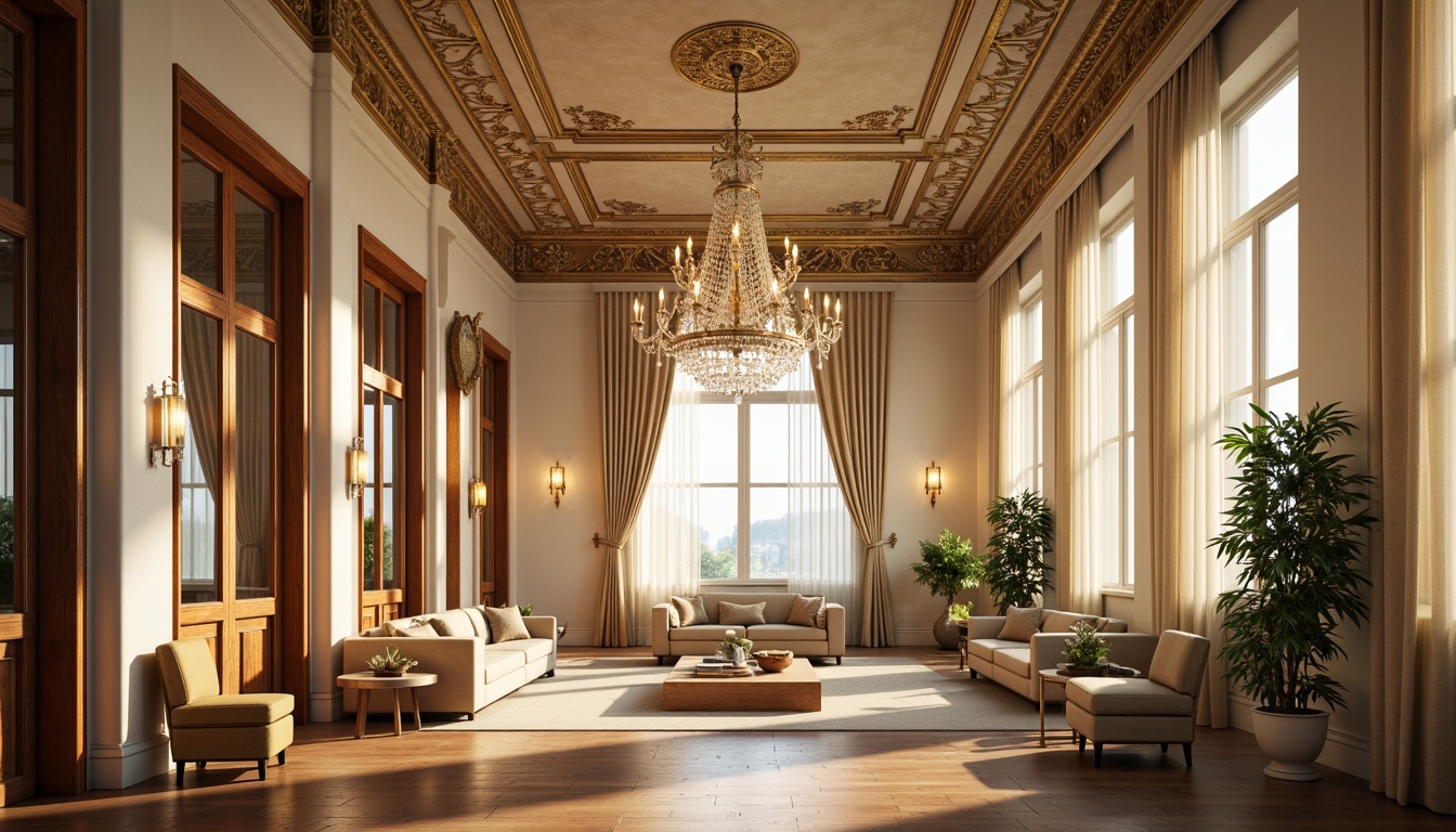 Prompt: Grand chandelier, ornate metalwork, warm golden lighting, softbox diffusers, creamy white walls, rich wood paneling, intricate moldings, luxurious fabrics, elegant furnishings, refined ornamentation, subtle color palette, high ceilings, large windows, natural light pouring in, dramatic drapery, sophisticated ambiance, 1/1 composition, shallow depth of field, warm color temperature, soft shadows, realistic reflections.