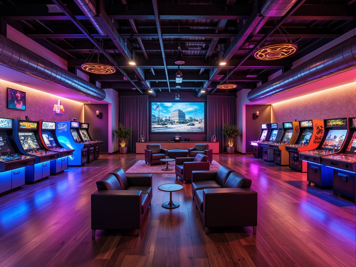 Prompt: Cozy game room, neon-lit arcade machines, futuristic console tables, high-gloss wooden floors, vibrant color schemes, immersive ambient lighting, sleek metal fixtures, suspended ceiling lamps, geometric-shaped chandeliers, warm-toned LED strips, programmable mood lighting, surround sound systems, premium leather sofas, rich wood paneling, modern minimalist decor, dramatic floor-to-ceiling drapes, cinematic widescreen TVs, atmospheric fog machines, low-hanging lanterns, industrial-chic metal beams.