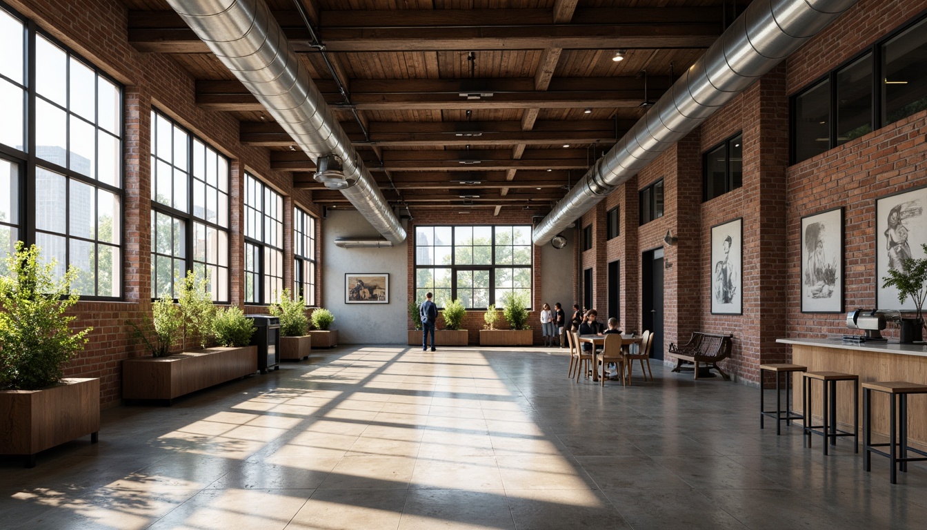 Prompt: Exposed ductwork, polished concrete floors, industrial-chic metal beams, reclaimed wood accents, distressed brick walls, metallic pipes, functional machinery, urban loft atmosphere, high ceilings, natural light pouring in, softbox lighting, 3/4 composition, shallow depth of field, realistic textures, ambient occlusion.