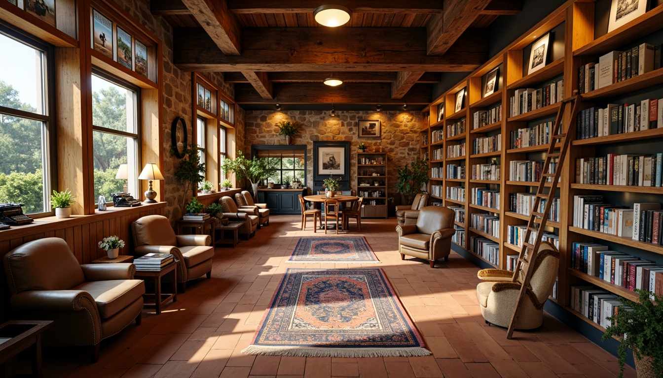 Prompt: Warm bookstore atmosphere, rich wood accents, comfortable reading nooks, floor-to-ceiling bookshelves, vintage typewriters, leather-bound books, earthy terracotta floors, soft golden lighting, cozy armchairs, plush area rugs, natural stone walls, wooden ladder bookcases, eclectic art pieces, warm beige tones, deep blue hues, muted green accents, creamy whites, rustic metal fixtures, industrial-chic decor, distressed wood textures, soft shadows, 1/2 composition, warm color grading, atmospheric lighting effects.