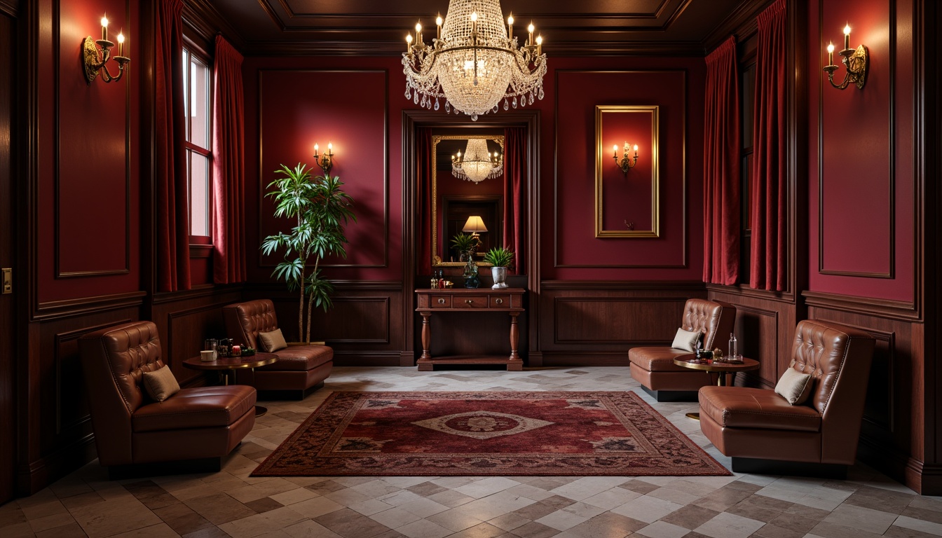 Prompt: Rich burgundy walls, luxurious velvet fabrics, dark wood accents, ornate gold frames, elegant crystal chandeliers, sophisticated marble floors, refined leather upholstery, warm ambient lighting, intimate atmosphere, 1/1 composition, shallow depth of field, soft focus, realistic textures, subtle reflections.