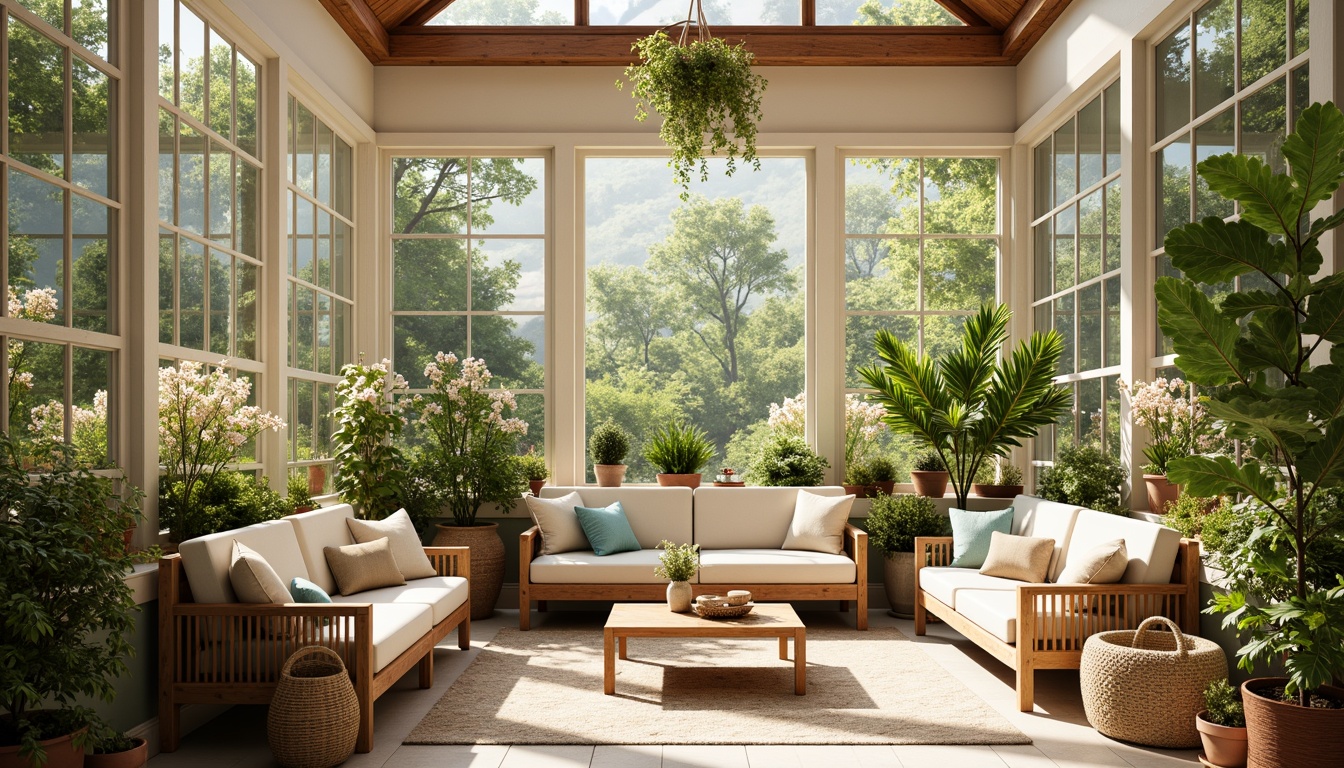 Prompt: Vibrant sunroom, warm natural light, lush greenery, blooming flowers, comfortable seating, wooden furniture, earthy tones, calming atmosphere, soft pastel hues, creamy whites, warm beiges, soothing blues, refreshing greens, elegant neutrals, subtle patterns, textured fabrics, woven baskets, natural textiles, cozy throw blankets, inviting ambiance, bright sunny day, gentle warm lighting, shallow depth of field, 3/4 composition, panoramic view.