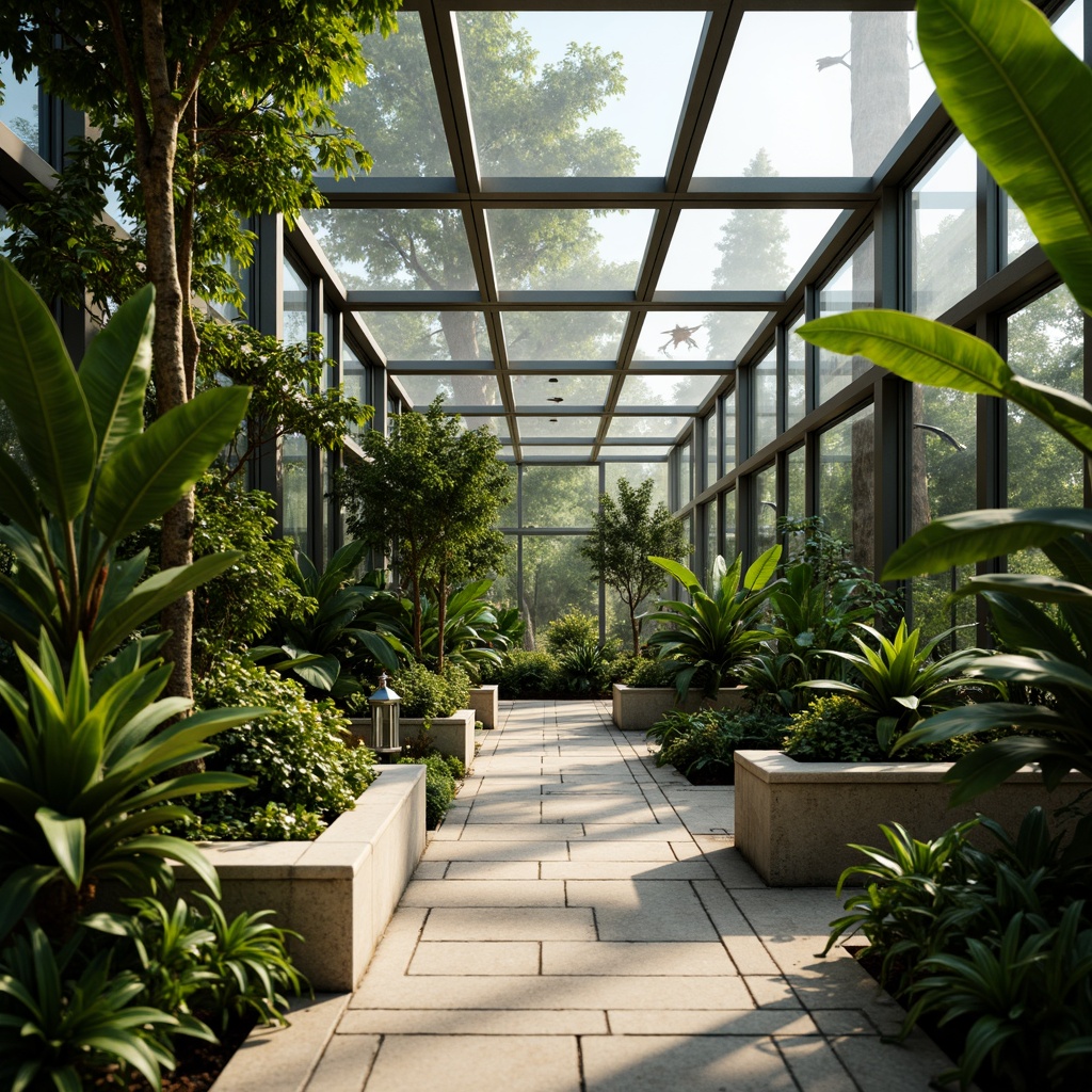 Prompt: Luxurious greenhouse interior, lush greenery, exotic plants, sleek metal accents, polished chrome fixtures, modern minimalist decor, natural stone flooring, glass walls, abundant natural light, warm ambient lighting, shallow depth of field, 1/1 composition, realistic plant textures, soft focus background, subtle metallic reflections.