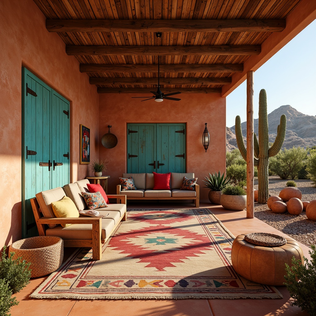 Prompt: Vibrant southwestern family garage, earthy adobe walls, rustic wooden doors, colorful Navajo-inspired textiles, woven baskets, handmade pottery, natural fiber rugs, warm terracotta floors, sunny desert landscape, cactus plants, bold geometric patterns, turquoise accents, distressed leather furniture, vintage car displays, eclectic decorative items, soft warm lighting, shallow depth of field, 3/4 composition, realistic textures.