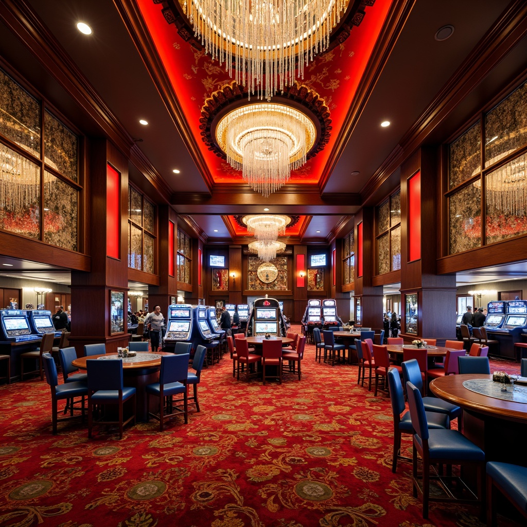 Prompt: Vibrant casino interior, luxurious atmosphere, rich wood tones, bold red accents, metallic gold details, velvety dark blues, sparkling crystal chandeliers, intricate patterned carpets, ornate mirrors, lavish furniture, high-contrast lighting, dramatic shadows, opulent textures, 1/1 composition, warm color harmony, soft focus, shallow depth of field, realistic reflections.