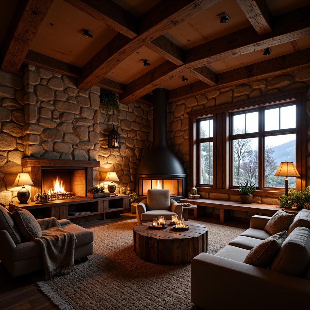 Prompt: Cozy mountain lodge, warm candlelight, rustic wooden beams, earthy stone walls, vintage metal lanterns, soft warm glow, table lamps, floor lamps, pendant lights, natural textiles, woven baskets, distressed wood furniture, plush throw blankets, crackling fireplace, warm color palette, low-key ambient lighting, subtle shadowing, 1/2 composition, intimate atmosphere, realistic textures.