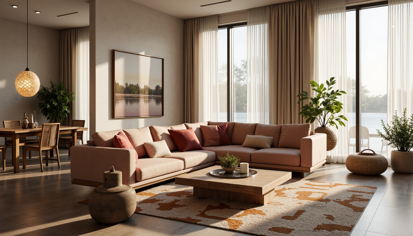 Prompt: Cozy living room, plush sectional sofa, velvet upholstery, wooden legs, minimalist coffee table, marble top, geometric patterns, soft warm lighting, floor-to-ceiling windows, sheer curtains, natural textiles, woven baskets, potted plants, abstract artwork, modern color palette, 1/1 composition, realistic reflections, ambient occlusion.