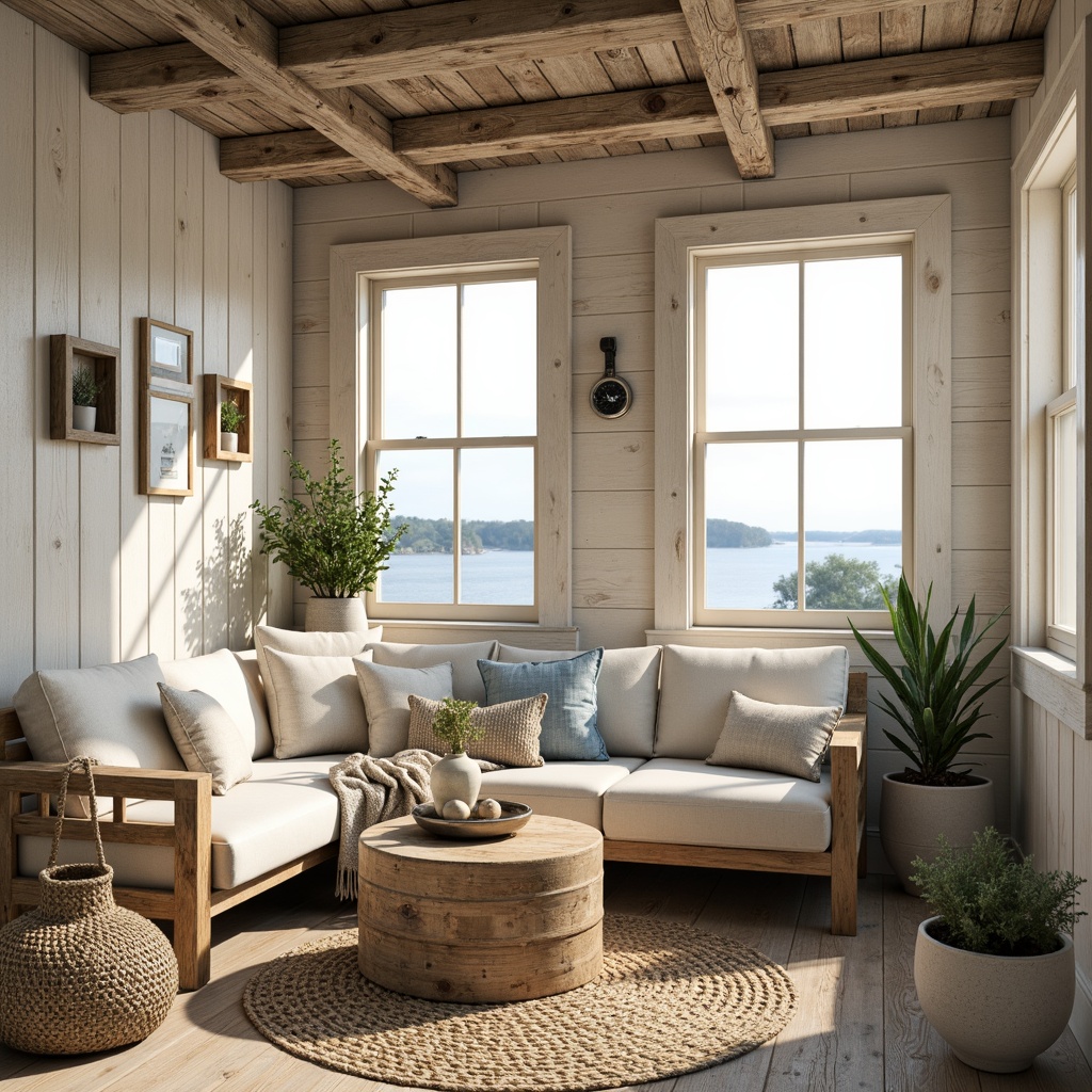 Prompt: Weathered wooden accents, rustic driftwood, creamy whites, soft blues, natural linen fabrics, woven jute rugs, reclaimed wood flooring, distressed metal decor, porthole windows, nautical ropes, coral-inspired patterns, ocean-breeze color palette, coastal vibe, relaxed atmosphere, warm golden lighting, shallow depth of field, 1/1 composition, realistic textures, ambient occlusion.