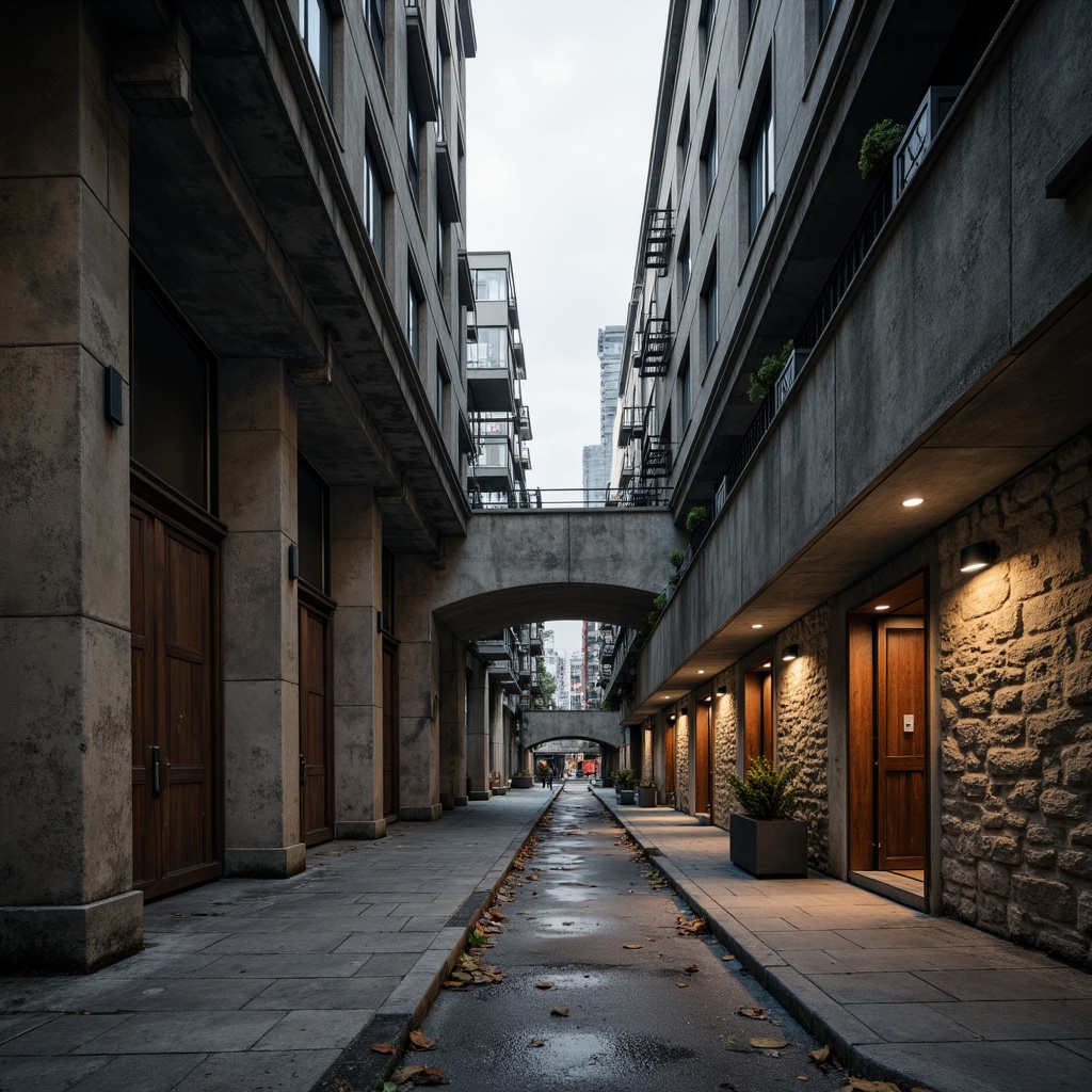 Prompt: Raw concrete textures, rugged stone walls, industrial metal beams, exposed ductwork, brutalist architecture, cold atmospheric lighting, dramatic shadows, monochromatic color scheme, muted earth tones, weathered wood accents, urban cityscape, overcast sky, moody ambiance, high-contrast photography, cinematic composition, 2.35