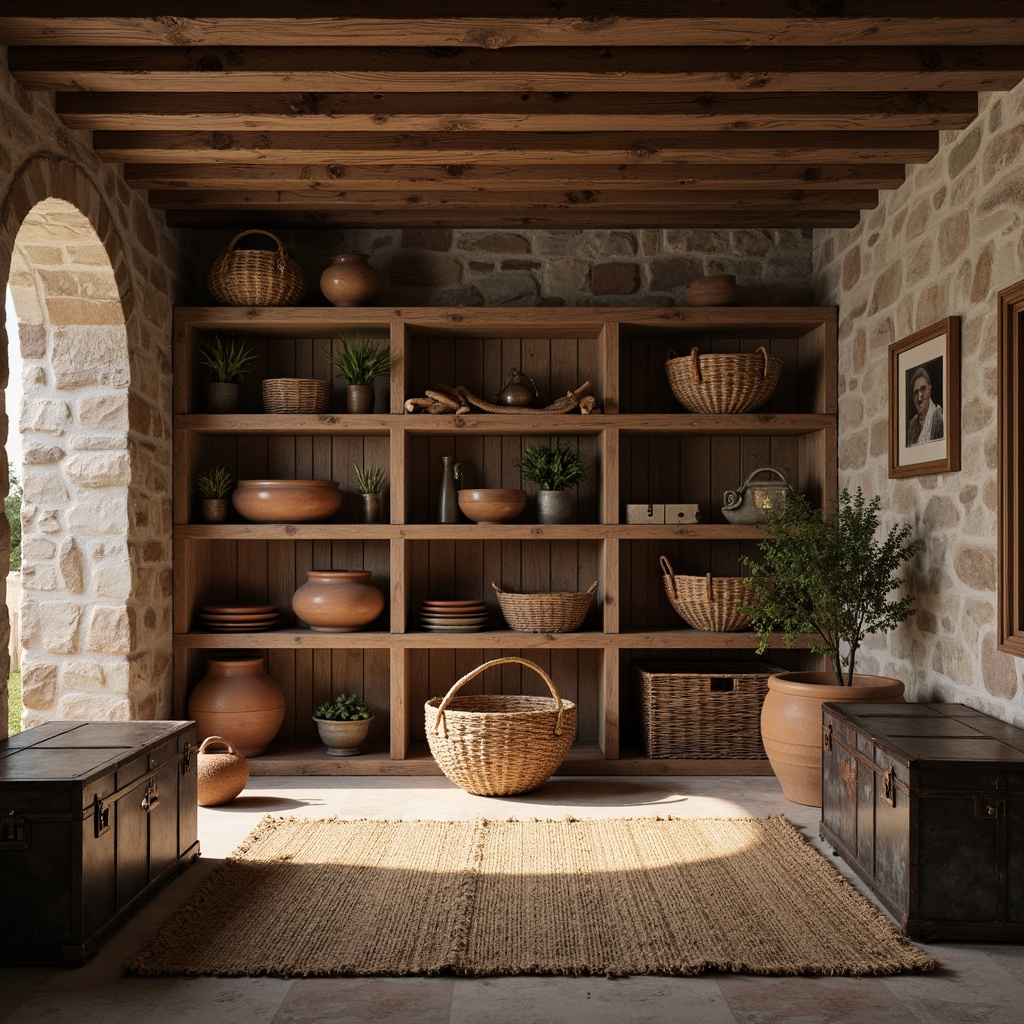 Prompt: Rustic storage room, wooden crates, vintage metal trunks, distressed leather straps, woven wicker baskets, earthy terracotta pots, natural jute rugs, rough-hewn stone walls, reclaimed wood shelves, aged bronze hardware, soft warm lighting, shallow depth of field, 1/1 composition, realistic textures, ambient occlusion.