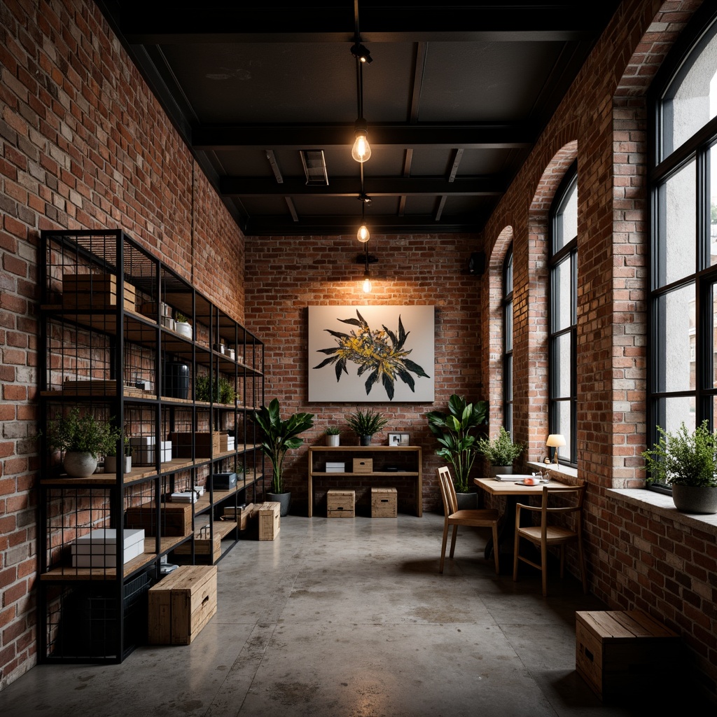 Prompt: Exposed brick walls, industrial chic decor, metal grid shelves, reclaimed wood accents, Edison bulb lighting, urban graffiti artwork, concrete floorings, distressed wooden crates, vintage factory windows, minimalist color palette, moody atmospheric lighting, shallow depth of field, 3/4 composition, realistic textures, ambient occlusion.