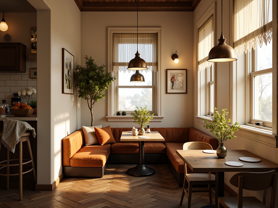 Prompt: Cozy breakfast nook, warm soft lighting, pendant lamps, industrial-chic metal shades, rustic wooden accents, creamy white walls, earthy tone flooring, plush velvet cushions, natural linen upholstery, delicate lace curtains, antique bronze hardware, morning sunlight, gentle ambient glow, 1/2 composition, intimate setting, soft focus, warm color palette.