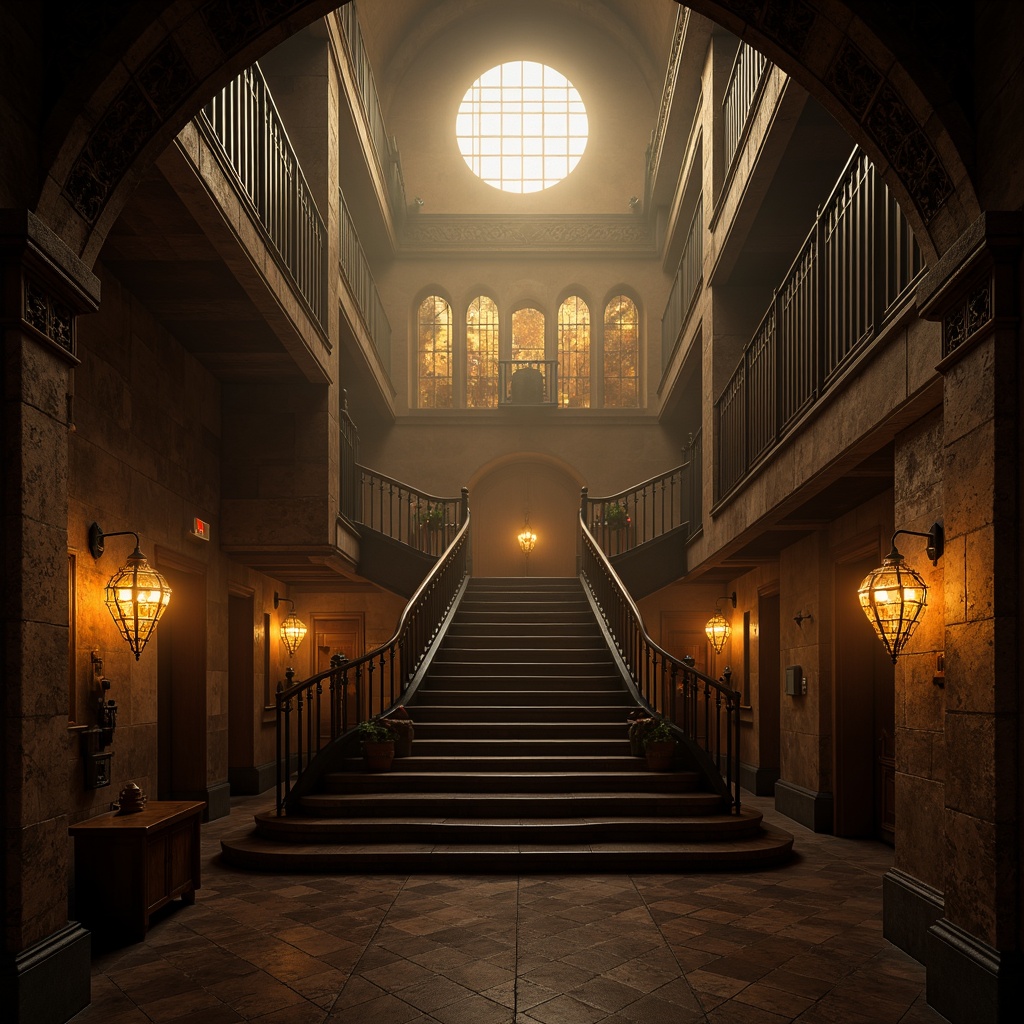 Prompt: Grandiose Gothic staircase, mysterious shadows, warm golden lighting, ornate railings, carved stone walls, vaulted ceilings, dramatic archways, majestic chandeliers, eerie fog effects, mystical atmosphere, rich wood tones, intricate stonework, subtle misting, soft warm glow, low-key illumination, cinematic composition, atmospheric rendering, high-contrast ratios.