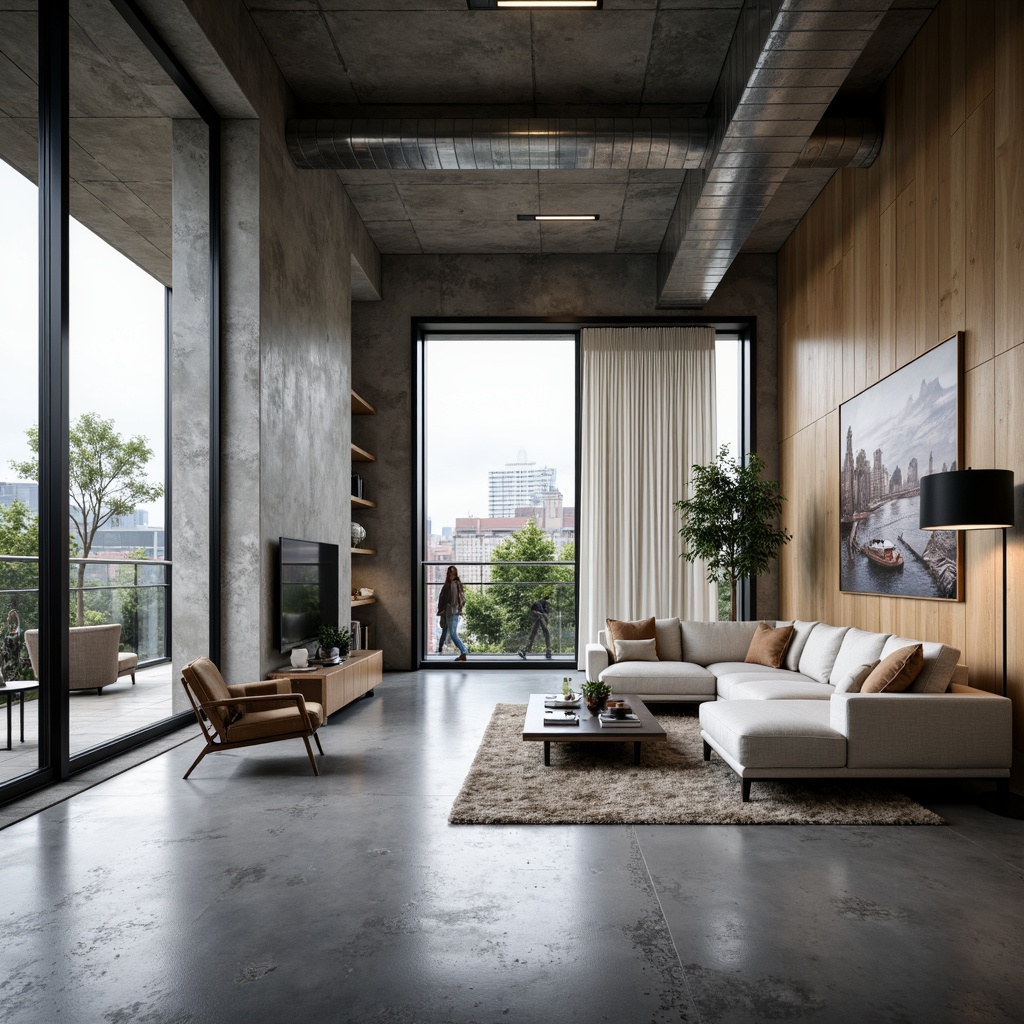 Prompt: Modern living room, polished concrete floor, sleek lines, industrial chic decor, minimalist aesthetic, neutral color palette, abundant natural light, floor-to-ceiling windows, urban loft atmosphere, exposed ductwork, metallic accents, low-pile carpeting, sophisticated textures, ambient lighting, 1/1 composition, realistic reflections.