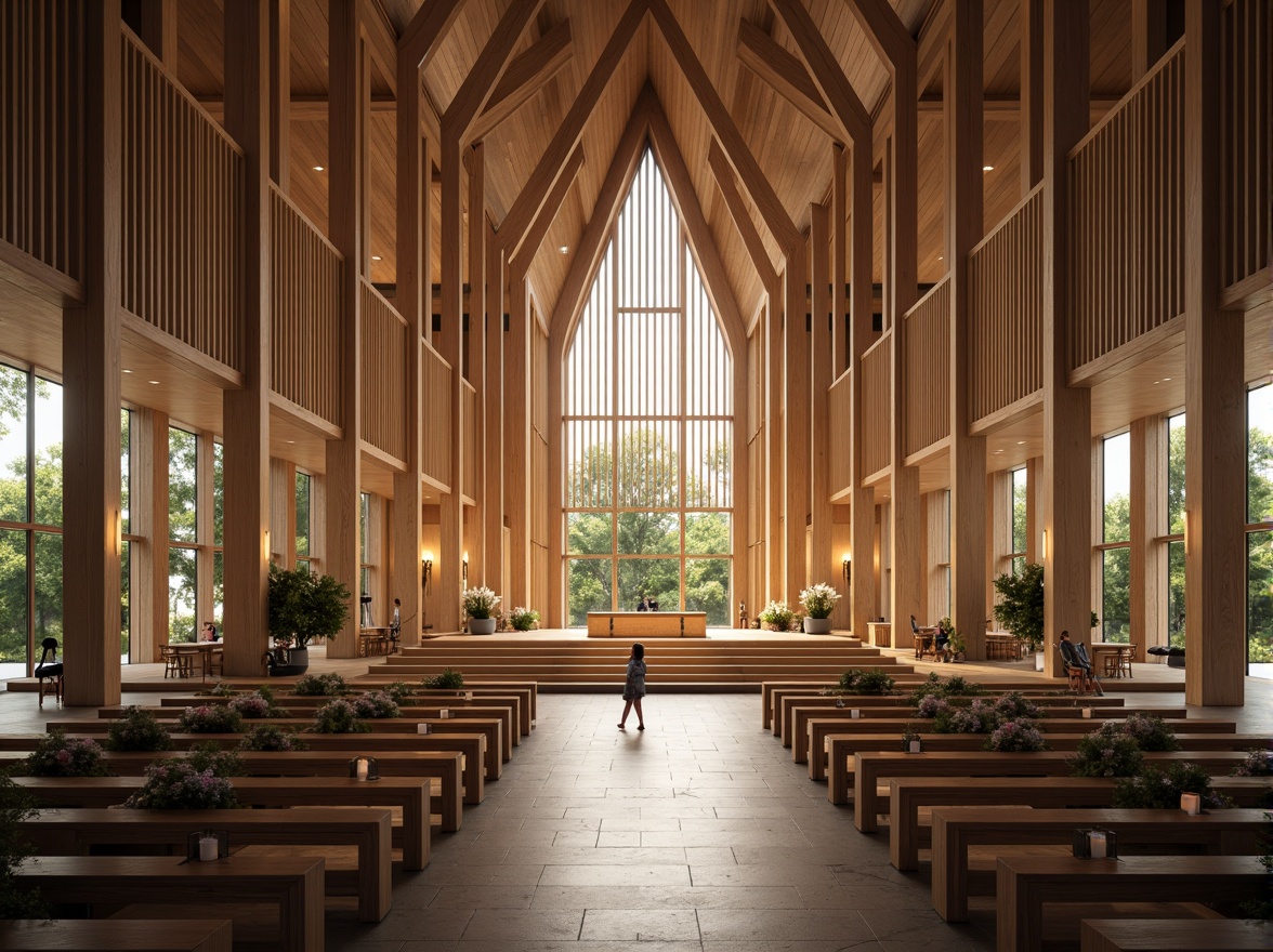 Prompt: Minimalist church interior, Nordic wooden accents, soft warm lighting, natural stone floors, simplistic altar design, elegant candlelight, serene atmosphere, vaulted ceilings, large windows, stained glass, subtle color palette, calming ambiance, peaceful surroundings, lush greenery, blooming flowers, gentle water features, shallow depth of field, 3/4 composition, panoramic view, realistic textures, ambient occlusion.