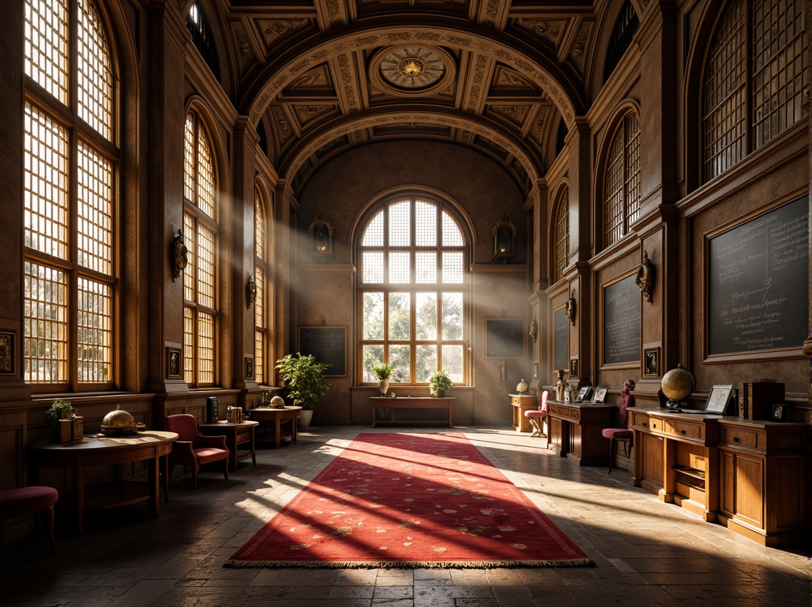 Prompt: Grand university hall, vaulted ceilings, stained glass windows, ornate stone carvings, mysterious ambiance, warm golden lighting, intricate wooden panels, majestic pillars, cobblestone floors, luxurious furnishings, regal red carpets, ancient tomes, vintage globes, nostalgic chalkboards, dramatic shadows, soft focus, shallow depth of field, 1/1 composition, atmospheric perspective.