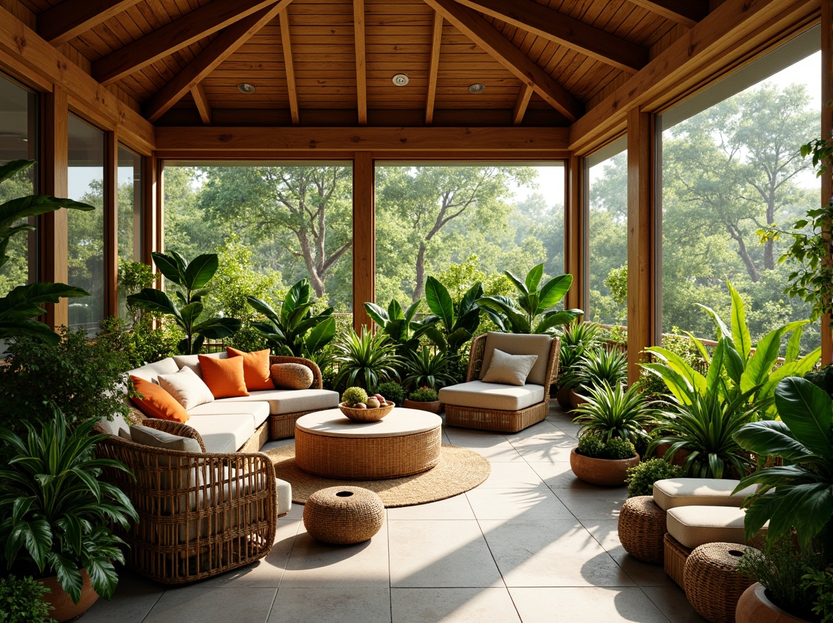 Prompt: Vibrant sunroom, lush greenery, exotic plants, natural stone flooring, wooden accents, floor-to-ceiling windows, sliding glass doors, warm sunny day, soft diffused lighting, 1/1 composition, realistic plant textures, ambient occlusion, rattan furniture, woven textiles, earthy color palette, organic shapes, free-flowing curves, eclectic decorative accents, tropical vibes, airy atmosphere.