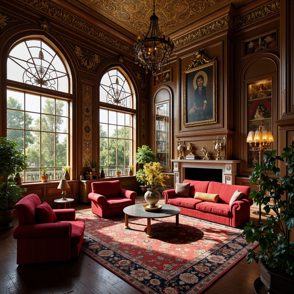 Prompt: Opulent living room, curved lines, flowing organic forms, ornate metalwork, sinuous wood carvings, stained glass windows, vibrant floral patterns, velvet upholstery, gilded accents, intricate moldings, rich jewel-toned colors, warm golden lighting, shallow depth of field, 1/1 composition, soft focus, realistic textures, ambient occlusion.