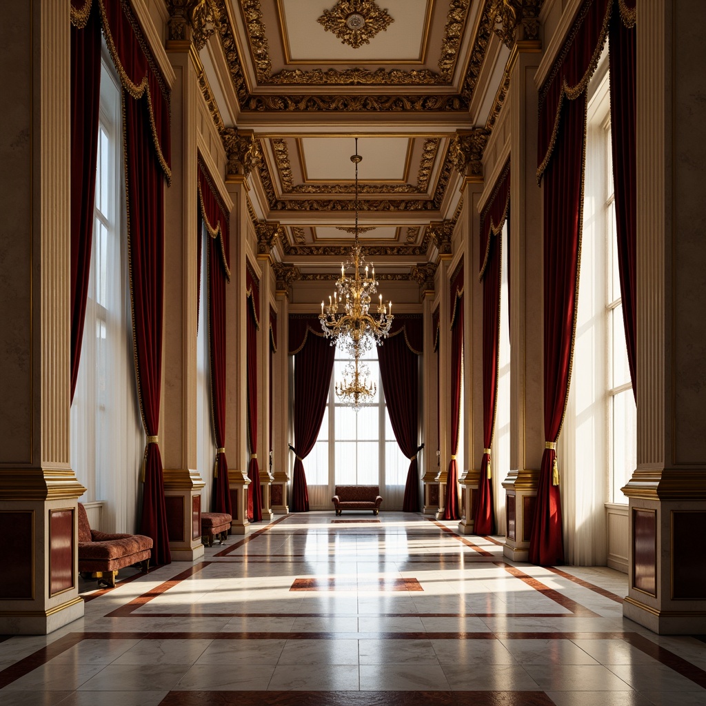 Prompt: Grandiose columns, ornate moldings, marble floors, polished brass accents, rich wood paneling, luxurious velvet drapes, intricate carvings, gilded details, crystal chandeliers, soft warm lighting, shallow depth of field, 3/4 composition, panoramic view, realistic textures, ambient occlusion.