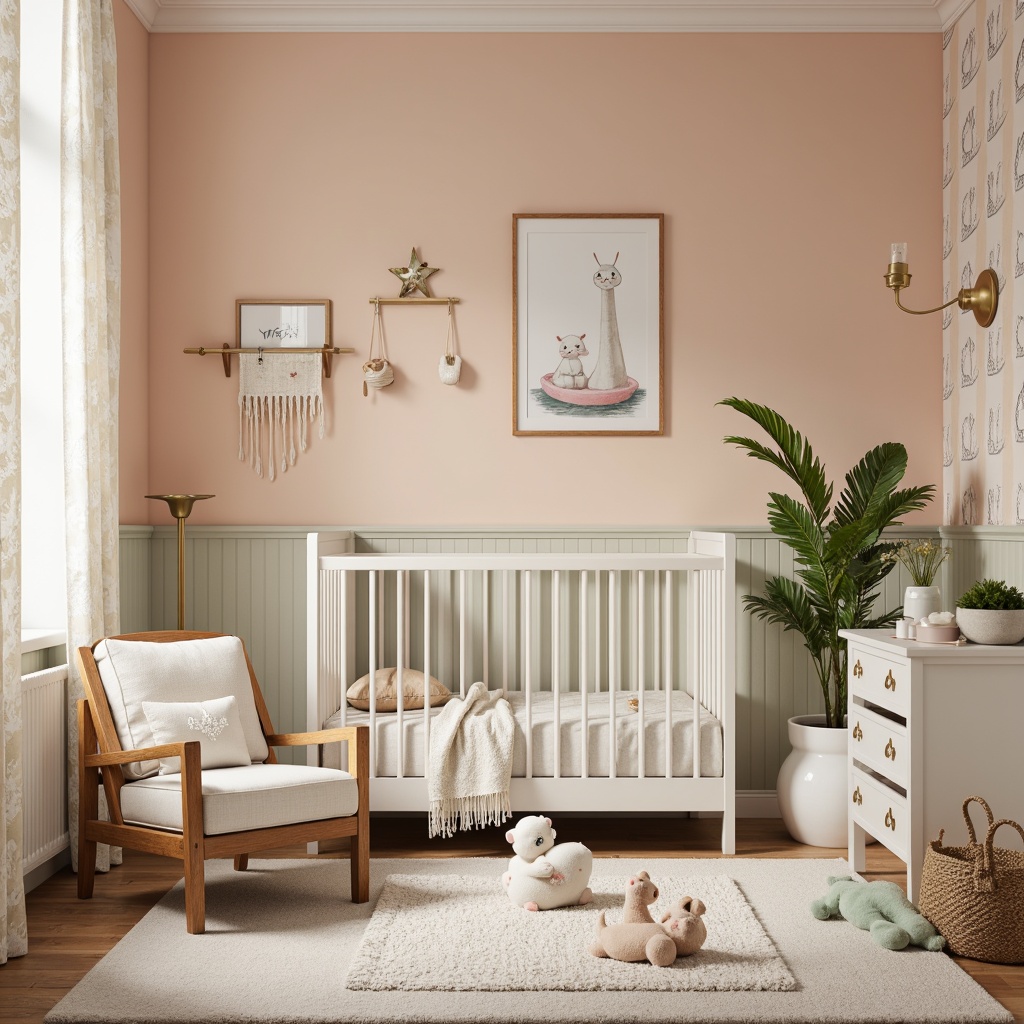 Prompt: Soft peach walls, creamy white furniture, warm beige accents, gentle mint greenery, subtle gold hardware, plush area rug, natural wood crib, delicate lace curtains, vintage-inspired wallpaper, whimsical animal prints, soothing pastel hues, layered textures, cozy reading nook, warm task lighting, shallow depth of field, 2/3 composition, inviting atmosphere.