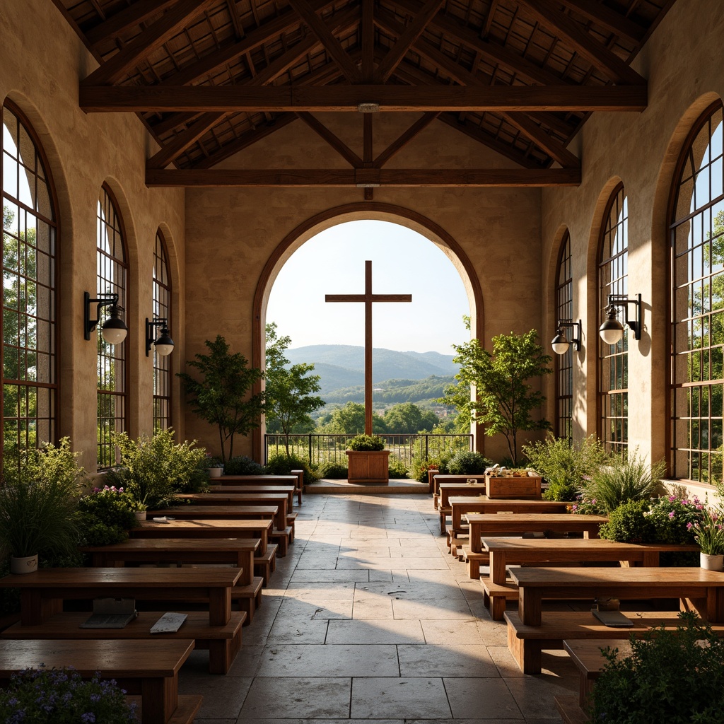 Prompt: Rustic chapel, wooden cross, stained glass windows, natural stone walls, earthy tones, cozy atmosphere, grand open ceiling, exposed beams, vintage lanterns, distressed wood benches, soft warm lighting, shallow depth of field, 3/4 composition, panoramic view, realistic textures, ambient occlusion, rolling hills, lush greenery, wildflowers, sunny day, gentle breeze, peaceful surroundings, serene ambiance.