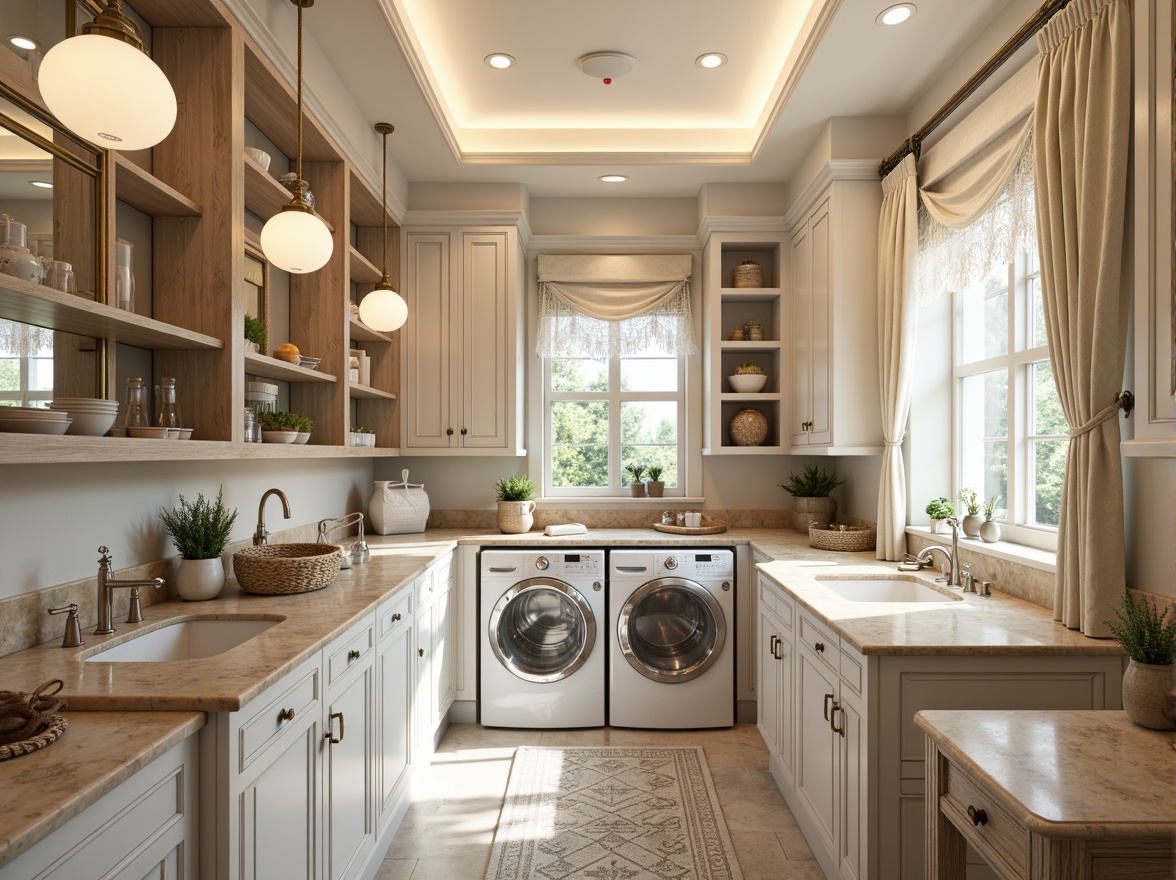 Prompt: Elegant laundry room, classic interior design, warm soft lighting, creamy white walls, rich wood cabinetry, ornate metal fixtures, antique-style faucets, vintage-inspired washing machines, distressed wooden shelves, woven baskets, delicate lace curtains, subtle pastel colors, warm beige marble countertops, ornamental mirrors, recessed ceiling lighting, pendant lamps, warm glow LED strips, softbox window treatments, 1/1 composition, shallow depth of field, realistic textures.