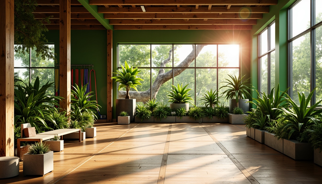 Prompt: Vibrant tropical gym interior, natural wood flooring, lush green walls, exotic plant arrangements, modern fitness equipment, colorful resistance bands, mirrored walls, floor-to-ceiling windows, abundant natural light, warm sunny day, soft warm glow, subtle shadows, 1/1 composition, shallow depth of field, realistic textures, ambient occlusion.