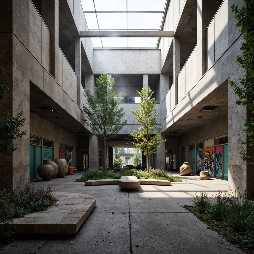 Prompt: Rugged middle school courtyard, brutalist architecture, raw concrete walls, industrial metal beams, exposed ductwork, minimalist landscaping, scattered trees, weathered stone benches, abstract sculptures, urban graffiti, bold color accents, natural light pouring through clerestory windows, dramatic shadows, 1/2 composition, gritty textures, atmospheric misting.