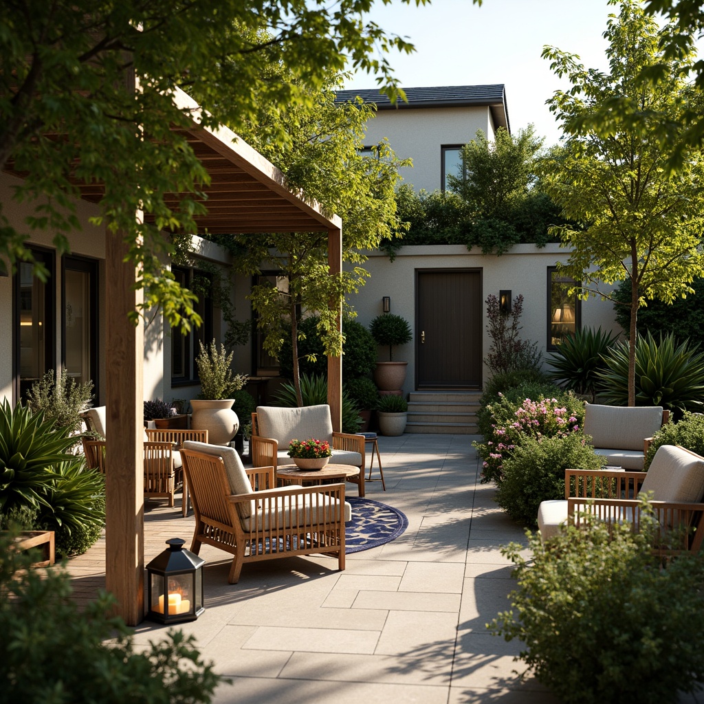 Prompt: Cozy patio, lush greenery, blooming flowers, comfortable outdoor furniture, woven wicker chairs, soft cushions, warm lanterns, string lights, natural stone flooring, wooden decking, modern pergola, climbing vines, sunny afternoon, gentle breeze, shallow depth of field, 1/2 composition, warm color tone, realistic textures, ambient occlusion.