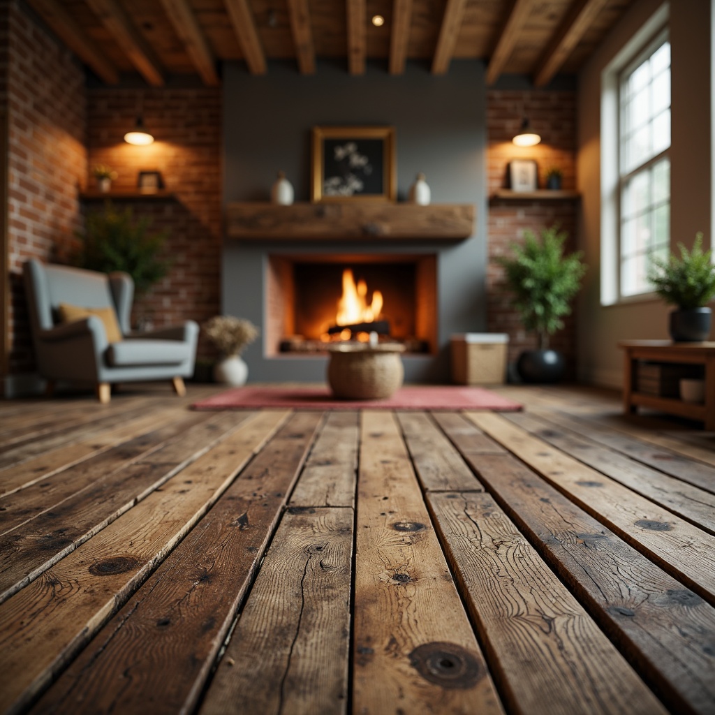 Prompt: Rustic wooden planks, distressed textures, earthy tones, natural stone floors, worn brick patterns, vintage-inspired tiles, reclaimed wood accents, country-style rugs, cozy fireplace settings, warm ambient lighting, shallow depth of field, 3/4 composition, panoramic view, realistic wood grain textures, ambient occlusion.