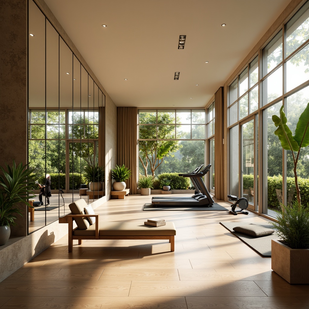 Prompt: Tropical home gym, bright natural light, floor-to-ceiling windows, mirrored walls, polished wooden floors, modern fitness equipment, free weights, treadmills, exercise bikes, yoga mats, green plants, warm beige tones, soft ambient lighting, recessed LED lights, high ceilings, open spaces, minimal shadows, 1/1 composition, soft focus, natural textures, warm color palette.