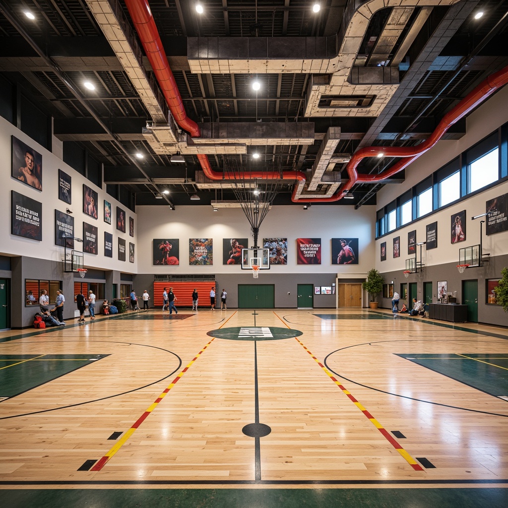 Prompt: Modern gymnasium interior, polished concrete floors, wooden sports flooring, acoustic ceiling panels, exposed ductwork, industrial-style lighting fixtures, vibrant team color schemes, motivational quotes, athletic equipment displays, mirrored walls, rubber fitness flooring, sound-absorbing materials, open spaces, high ceilings, natural light, overhead sports goal systems, basketball hoops, scoreboards, dynamic architectural features, modern LED lighting, 1/2 composition, softbox lighting, realistic textures.