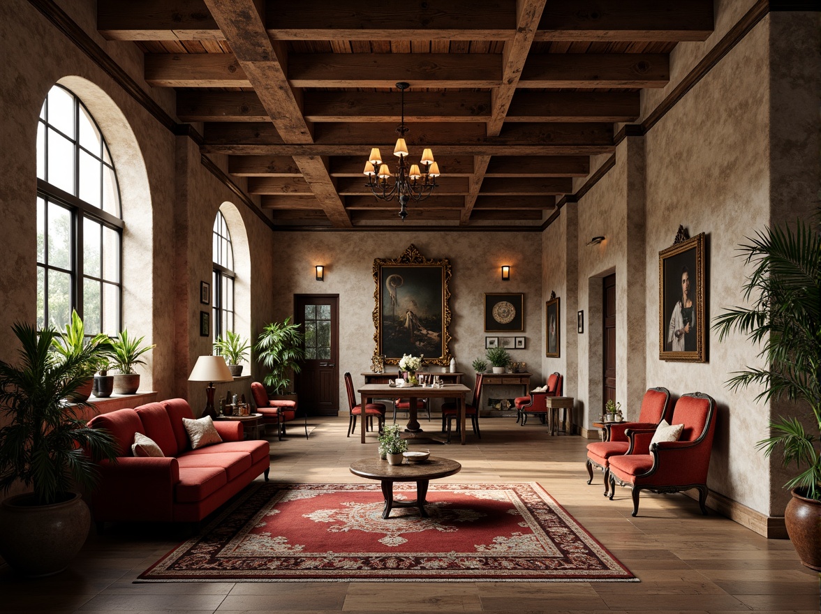 Prompt: Rustic loft interior, Renaissance-inspired archways, distressed wooden beams, exposed brick walls, industrial metal accents, vintage decorative lighting, rich velvet fabrics, ornate gilded frames, antique furnishings, warm earthy tones, soft natural light, shallow depth of field, 1/1 composition, realistic textures, ambient occlusion.