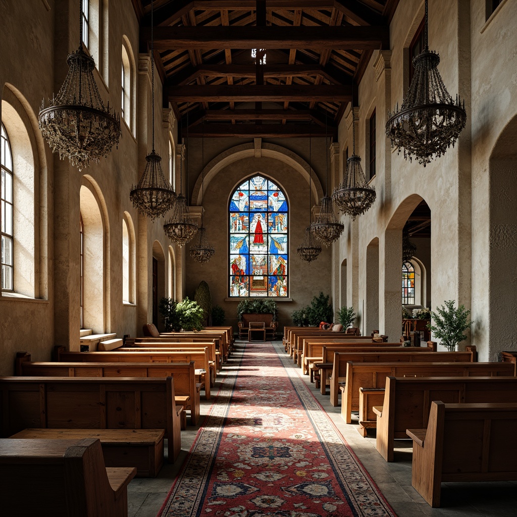 Prompt: Distressed wood pews, ornate stone carvings, stained glass windows, vaulted ceilings, grand chandeliers, intricately patterned rugs, rustic wooden benches, decorative metal accents, worn leather upholstery, natural stone flooring, earthy color palette, warm soft lighting, subtle shadows, 1/2 composition, symmetrical framing, serene atmosphere, spiritual ambiance.