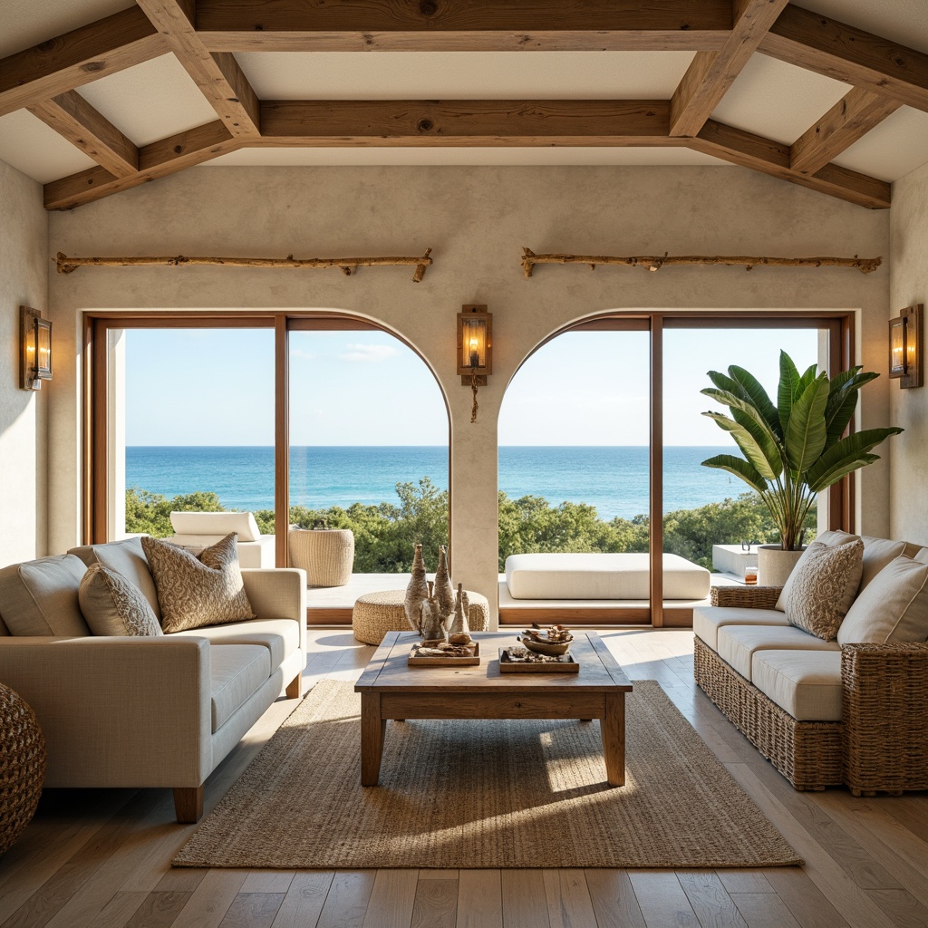 Prompt: Coastal living room, ocean-inspired color palette, weathered wood accents, natural fiber textiles, woven sea grass patterns, driftwood decorations, shells and pebbles embellishments, soft sandy beige walls, calming blue-green hues, floor-to-ceiling windows, sliding glass doors, outdoor ocean views, natural linen upholstery, rope-wrapped furniture legs, distressed wood coffee tables, coral-inspired vases, beachy keystone arches, warm golden lighting, shallow depth of field, 1/2 composition, soft focus, realistic textures, ambient occlusion.