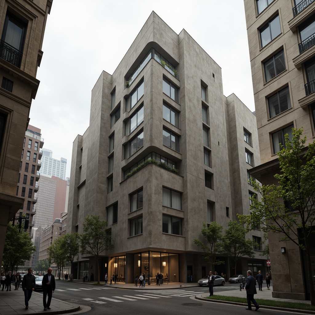 Prompt: Rugged brutalist architecture, raw concrete textures, industrial metal accents, bold geometric forms, monumental scale, dramatic shadows, cold gray tones, warm beige hues, earthy brown colors, muted greenery, urban cityscape, overcast skies, harsh light sources, high contrast ratios, abstract composition, cinematic mood, atmospheric fog, gritty realistic rendering.