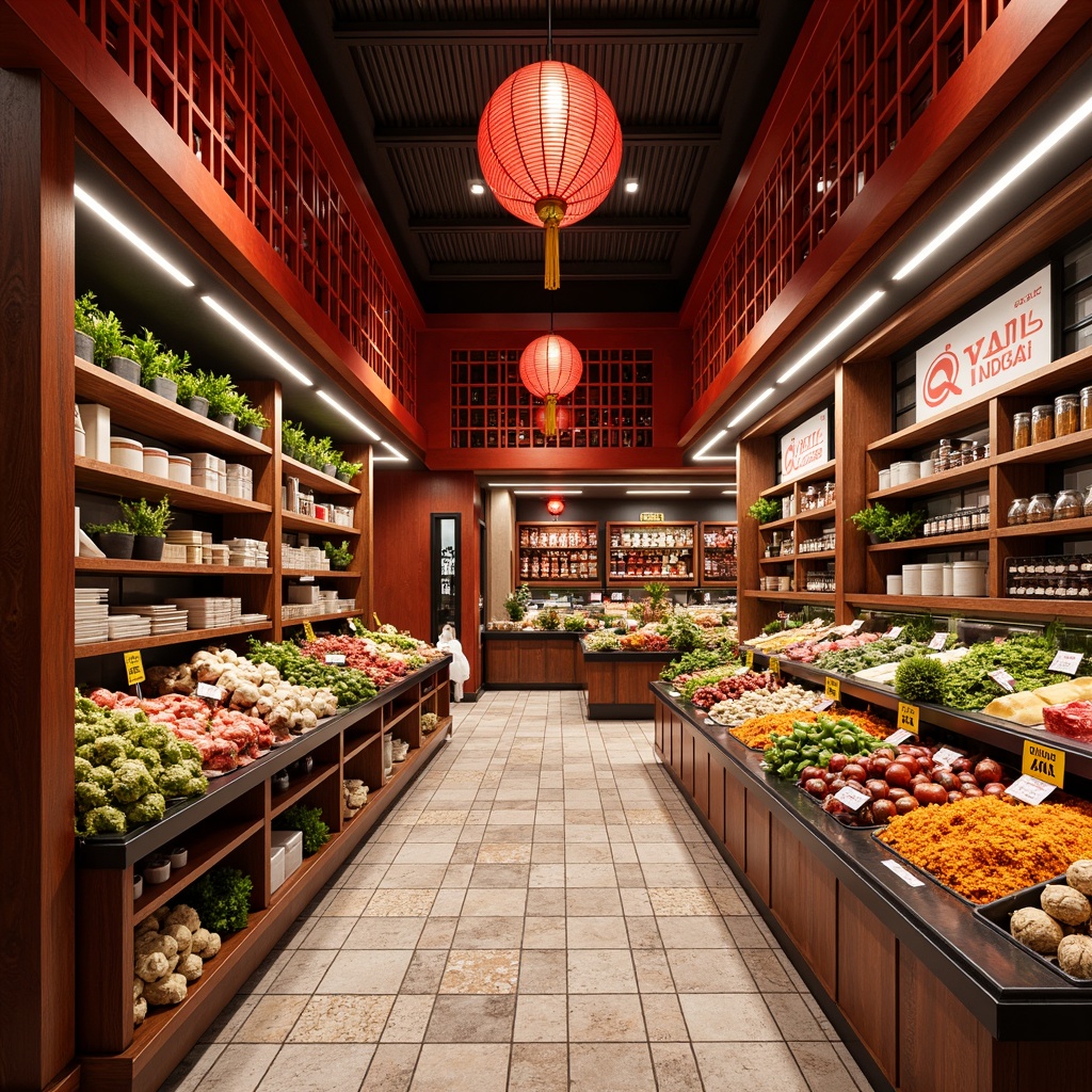 Prompt: Vibrant Asian-inspired grocery store, traditional Chinese lanterns, rich wood accents, bold red and gold colors, intricate carvings, ornate ceramic tiles, modern LED lighting, open shelving displays, abundant fresh produce, exotic spices, fragrant tea stations, cultural decorative elements, auspicious symbolisms, harmonious layout, shallow depth of field, 1/2 composition, warm softbox lighting, realistic textures, ambient occlusion.