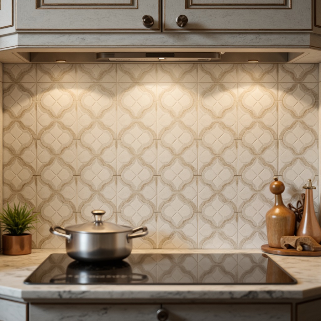 Prompt: Elegant tile backsplash, subtle texture, soft beige tone, herringbone pattern, natural stone appearance, matte finish, earthy color palette, traditional style, ornate details, classic borders, sophisticated ambiance, warm lighting, shallow depth of field, 1/1 composition, realistic reflections, ambient occlusion.