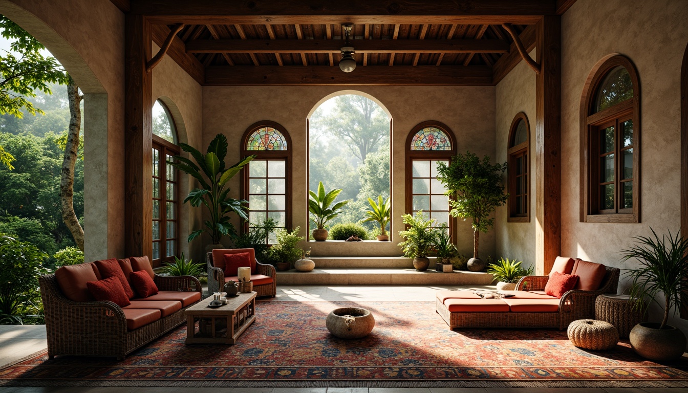 Prompt: Tranquil monastery, lush tropical foliage, natural stone walls, wooden accents, woven rattan furniture, vibrant colorful textiles, intricate carvings, ornate details, rustic wooden doors, stained glass windows, soft warm lighting, misty atmosphere, shallow depth of field, 1/1 composition, realistic textures, ambient occlusion, earthy tones, organic materials, sustainable design.