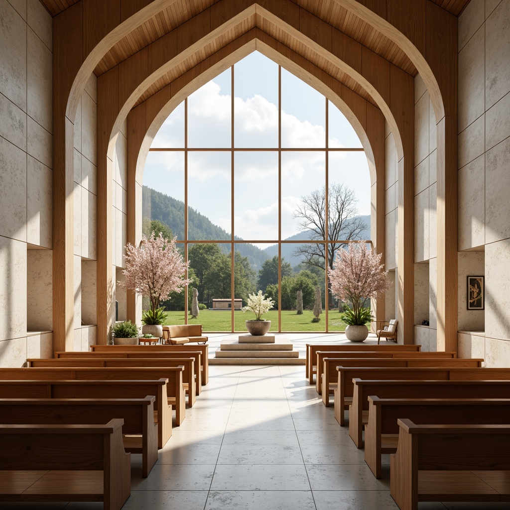 Prompt: Light-filled nave, minimalist decor, wooden pews, natural stone walls, vaulted ceiling, large windows, stained glass, Nordic-inspired architecture, simplicity and elegance, sacred atmosphere, calm ambiance, soft warm lighting, shallow depth of field, 3/4 composition, panoramic view, realistic textures, ambient occlusion, peaceful surroundings, lush greenery, blooming trees, serene landscape, gentle hills, cloudy sky, subtle color palette, natural materials, wooden accents, neutral tones.