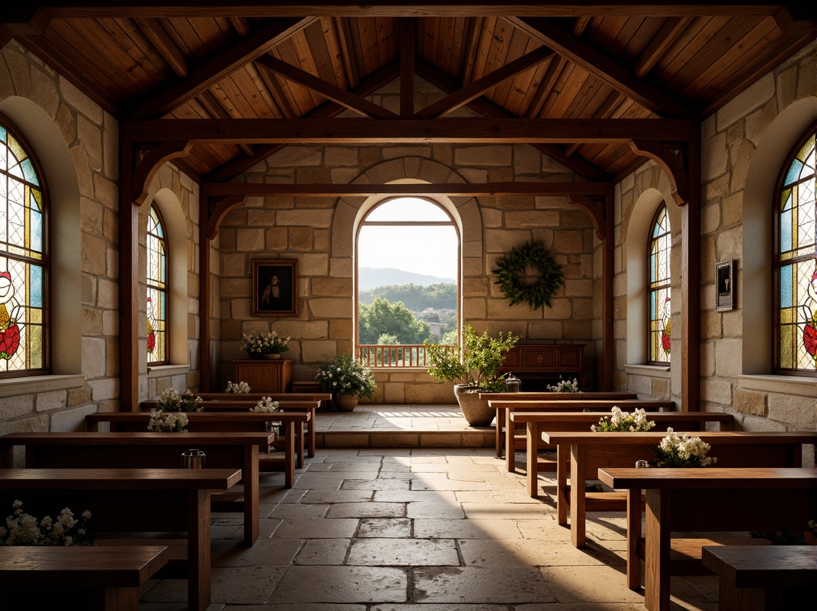 Prompt: Rustic chapel, wooden beams, stone walls, stained glass windows, soft warm natural light, serene atmosphere, countryside landscape, rolling hills, farmhouse style architecture, earthy tones, rough-hewn wood accents, vintage metal lanterns, worn stone flooring, cozy nooks, comfortable pews, devotional symbols, peaceful ambiance, warm color palette, shallow depth of field, 1/2 composition, realistic textures, ambient occlusion.