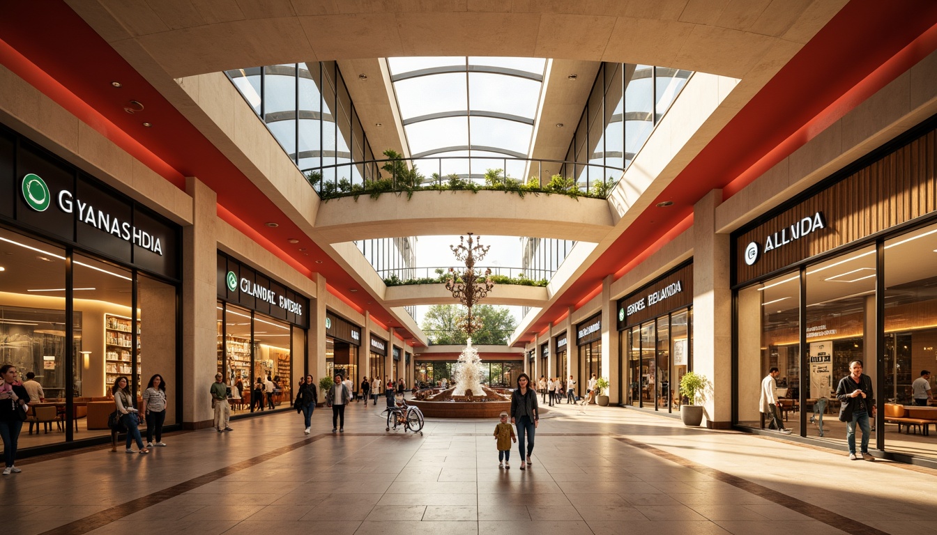 Prompt: Vibrant shopping mall, modern architecture, sleek glass facades, neon signage, bustling corridors, polished marble floors, stainless steel railings, warm beige tones, rich wood accents, bold red highlights, soft golden lighting, 3/4 composition, shallow depth of field, realistic textures, ambient occlusion.