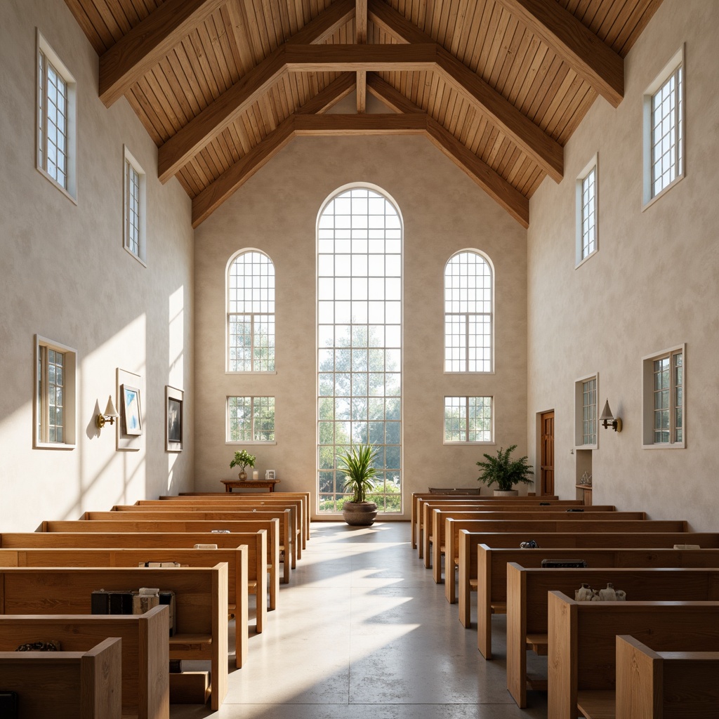 Prompt: Light-filled nave, minimalist decor, wooden pews, vaulted ceiling, stained glass windows, Nordic-inspired architecture, natural stone walls, simplicity-driven design, airy atmosphere, serene ambiance, subtle lighting, gentle shadows, 1/1 composition, soft focus, warm color palette, rustic wood accents, geometric patterns, subtle textures, ambient occlusion.