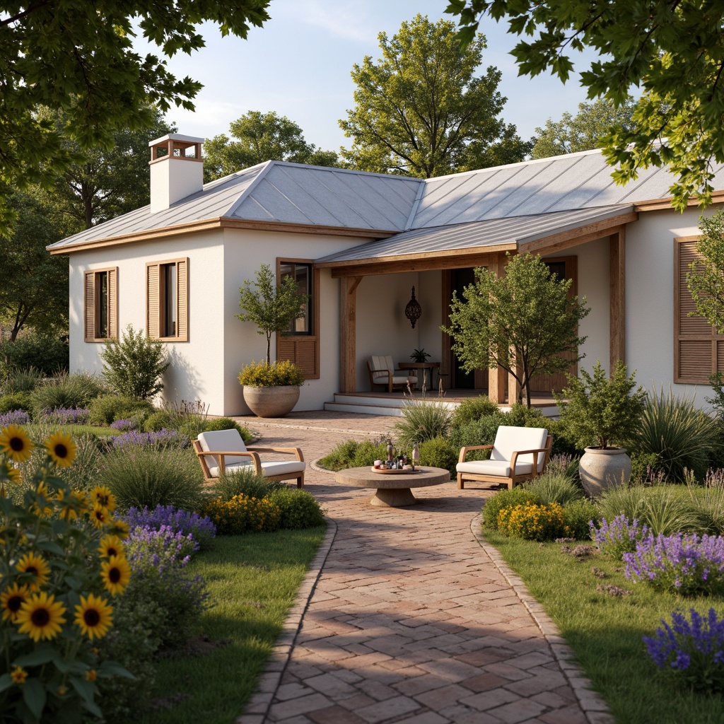 Prompt: Rustic farmhouse, soft cream walls, distressed wood accents, warm beige shutters, vintage metal roofs, lush greenery, blooming lavender, sunflowers, natural stone pathways, worn brick floors, elegant chandeliers, ornate furniture, soft golden lighting, shallow depth of field, 1/1 composition, intimate atmosphere, realistic textures, ambient occlusion.