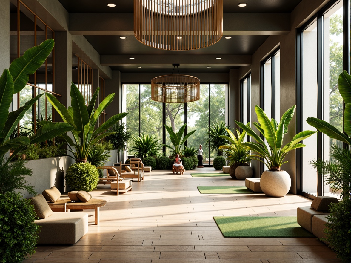 Prompt: Vibrant tropical gym interior, lush greenery, exotic plants, natural wood flooring, minimalist equipment, free weights, exercise machines, yoga mats, mirrored walls, large windows, sliding glass doors, bright sunlight, warm soft lighting, shallow depth of field, 3/4 composition, realistic textures, ambient occlusion, fitness-inspired color scheme, energetic atmosphere.